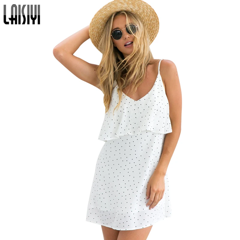 

LAISIYI Summer Polka Dots Short Dress Sexy V-neck Sleeveless Backless Mini Beach Dresses Printed Plus Size ASDR20122