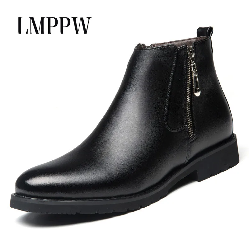 

Winter Men's Leather Ankle Boots Fashion Genuine Leather Martin Boots British Casual Side Zipper Thermal Plush Male Shoes Black