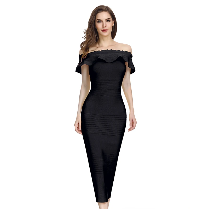 Nayssi, Бандажное платье, с открытыми плечами, облегающее, длинное, высокое качество, сексуальное, знаменитостей, миди, вечерние платья - Цвет: Черный