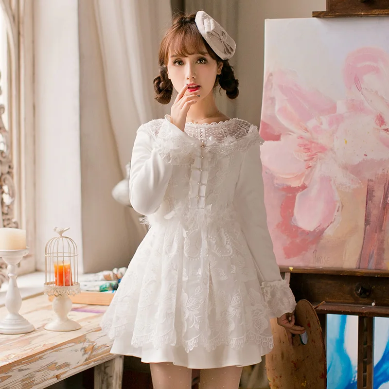 

Princess sweet lolita white dress Candy rain Nail bead decoration A-line round collar Lace Embroidery Japanese design C16CD6207