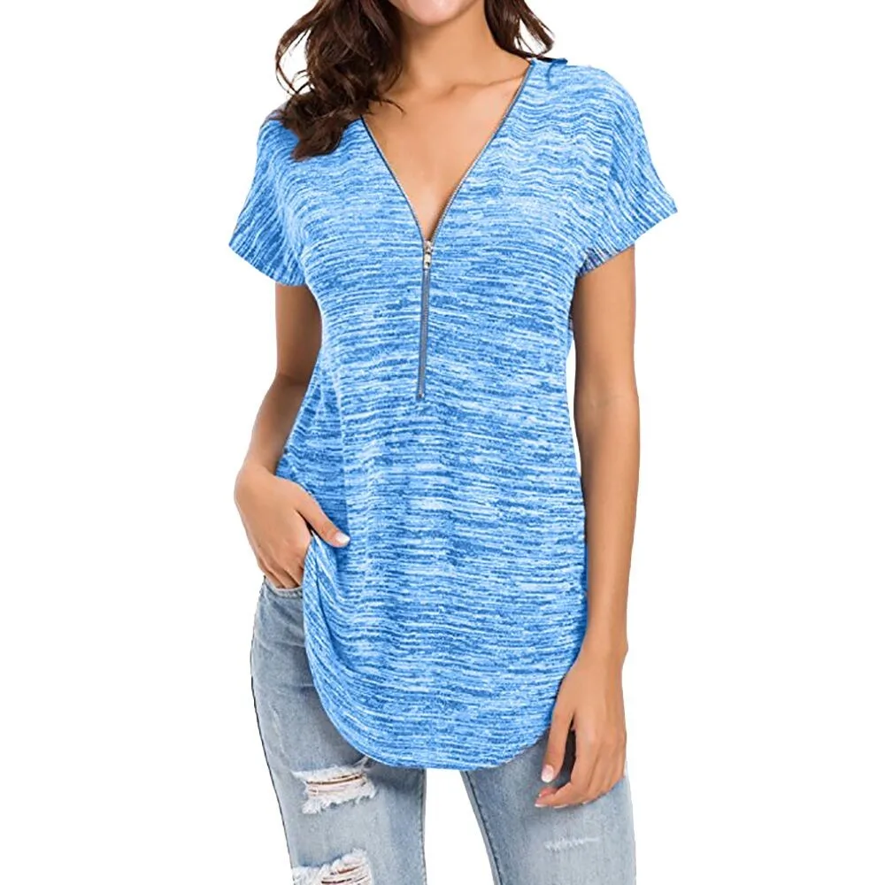 

Women Blouses Short Sleeves Loose Fitting Zip Up V Neck Shirt Blouse Tops Tunic Casual Cotton Blended Summer