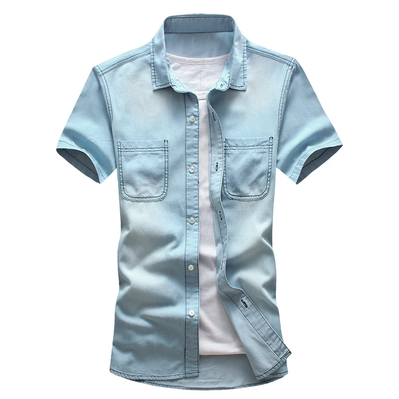 New fashion summer Men's cotton short sleeved Solid denim shirts Male