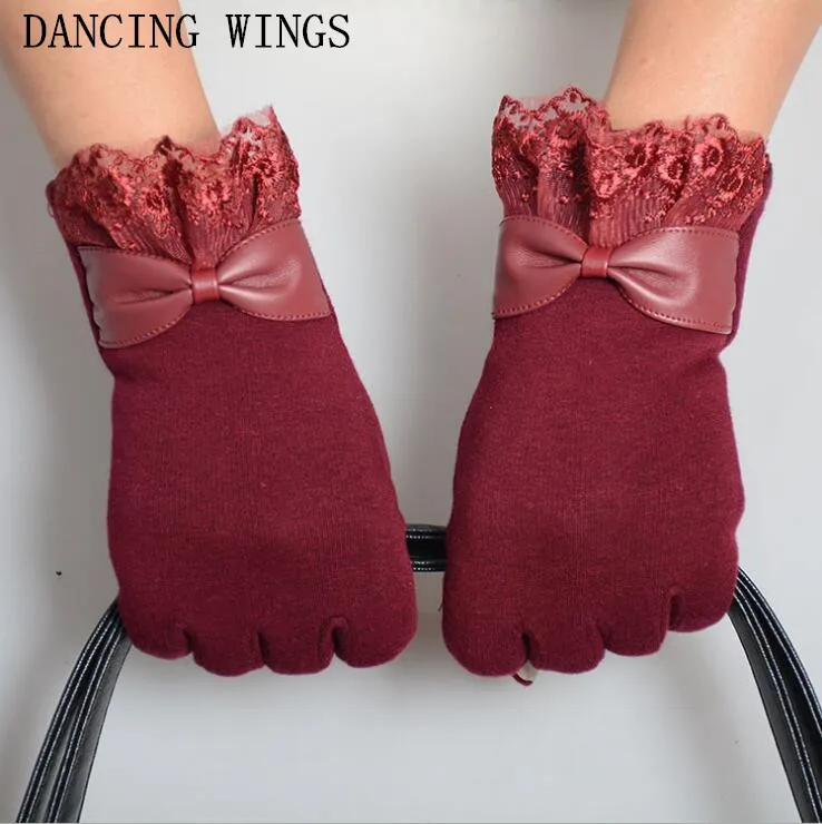 

5Paris/Pack Winter Women Gloves PU Leather Bow Lace Patchwork Warm Outdoor Cycling Gloves Full Finger Wool Wrist Gloves Mitten