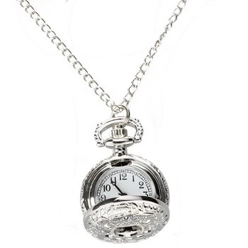 

Pocket Watch Silver Quartz Traforato Numbers Arab Necklace with Vintage