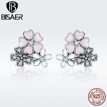 Authentic 925 Sterling Silver Cherry Daisy Flower Dazzling CZ Stud Earrings for Women Sterling Silver Jewelry brincos ECE400