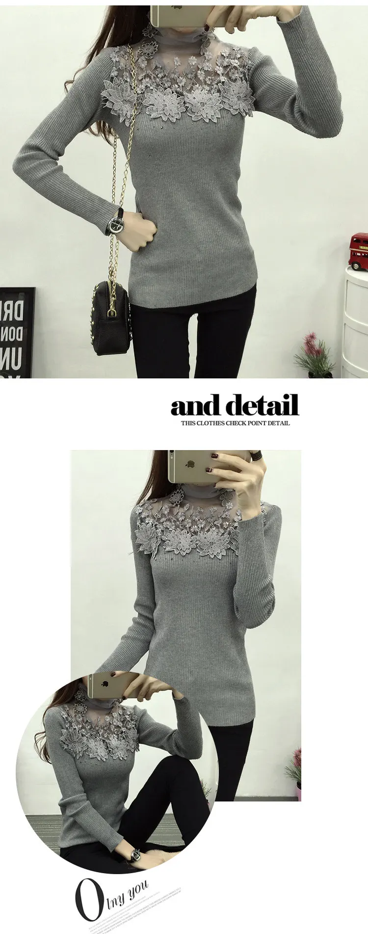 Autumn Winter Sweater Women 2019 Flower Lace Jumper Pull Femm Pink Knitted Sweater Casual Turtleneck Long Sleeve Sueter Mujer (8)