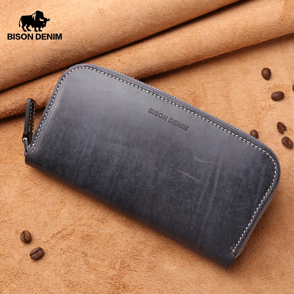 

BISON DENIM NEW Genuine Leather Men Wallet Handmade Cowskin Long Clutch Bag Zipper Cpin Purse Card Holder Male Wallet W8182-1H
