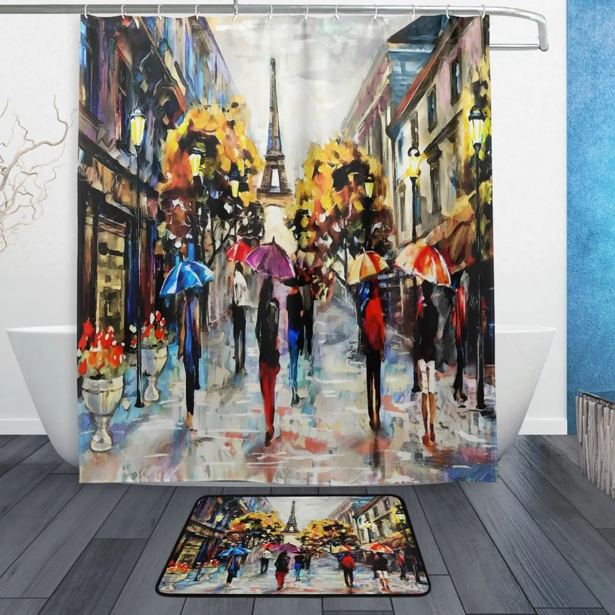 

Romantic Eiffel Tower Shower Curtain and Mat Set, Vintage Retro Paris Oil Painting Waterproof Fabric Bathroom Curtain