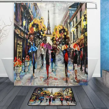 

Romantic Eiffel Tower Shower Curtain and Mat Set, Vintage Retro Paris Oil Painting Waterproof Fabric Bathroom Curtain