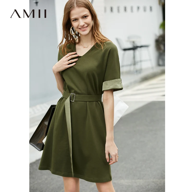 

Amii Minimalist Women Dresses Spring Summer 2019 Casual Solid V Neck Short Sleeve Patchwork Elegant Female Dress