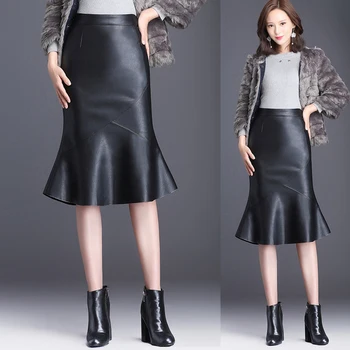 

Winter Autumn Fashion Office Ladeis Women High Waisted Black Pu Leather Trumpet Skirt , Fall Woman 4xl Pencil Mermaid Skirts
