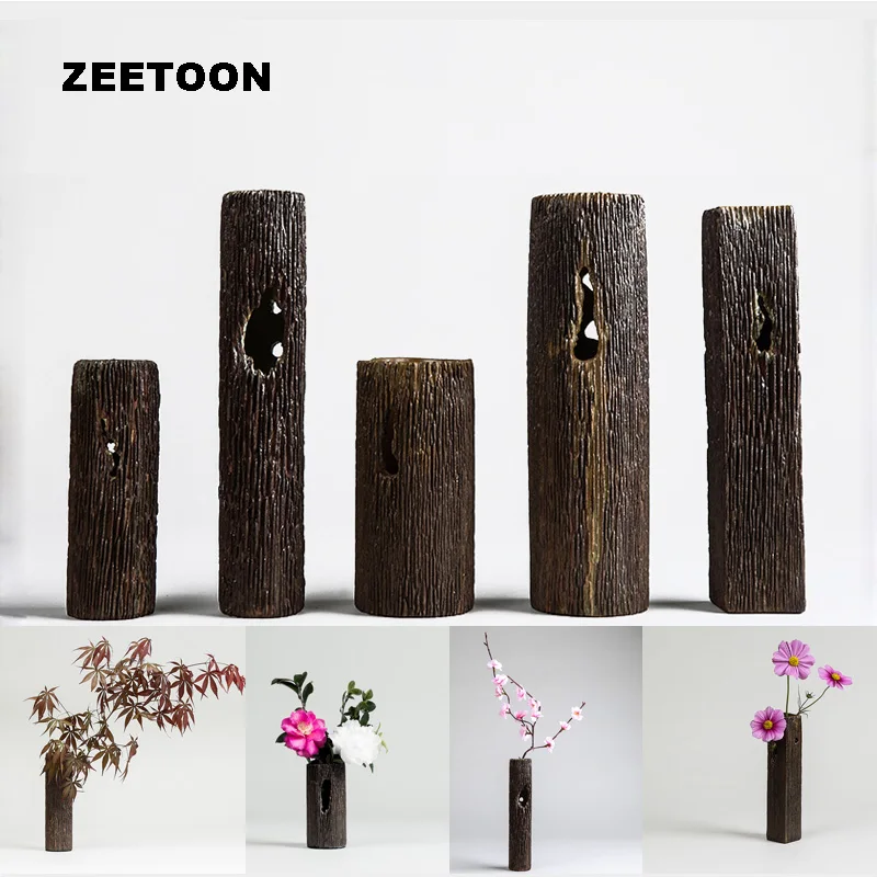

Vintage Zen Style Vase Ikebana Floral Creative Coarse Pottery Wood Grain Home Decor Tabletop Hydroponic Bonsai Flowers Tube Jar