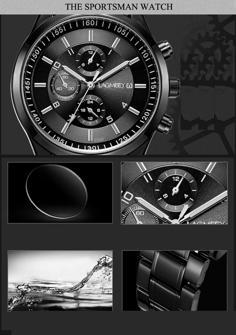 LAGMEEY известный бренд черные металлические часы кварцевые мужские спортивные часы из нержавеющей стали мужские водонепроницаемые часы мужские Relogio Masculino