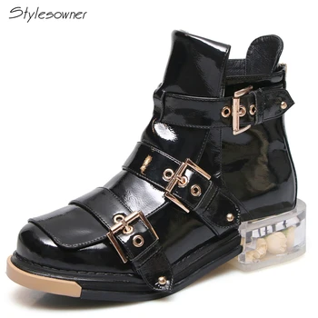 

Stylesowner Sexy Brand Design Big Buckles High Top Shoes Zipper Flower Heels Ankle Boots Platform Leather Strap Short BotasMujer
