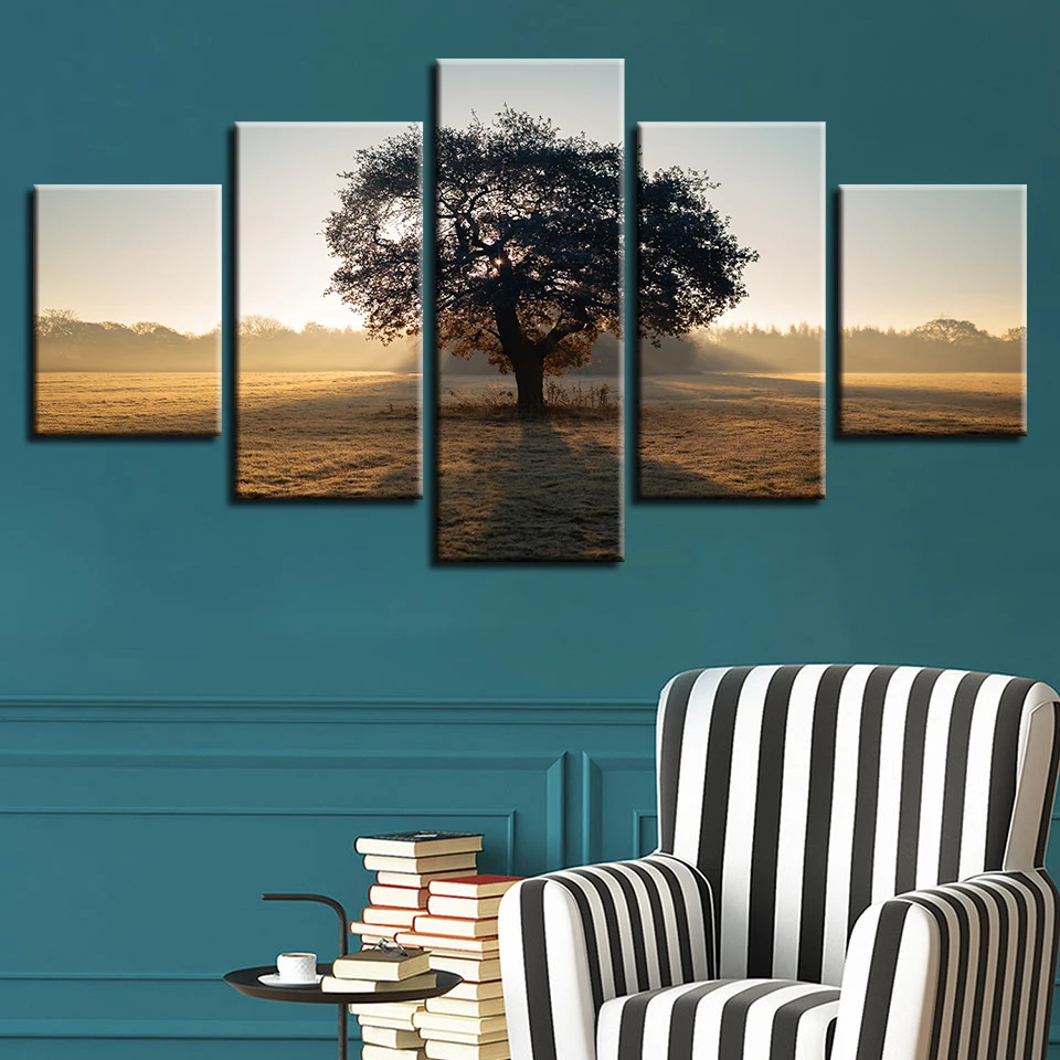 

Decoration Living Room Wall Art Modern Prints 5 Pieces Trees Sunshine Scenery Poster Modular Pictures Canvas Paintings Framework