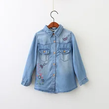 Everweekend Обувь для девочек Бабочка Floral Embroidered Denim Блузки для малышек прекрасные дети кнопка карман осень Рубашки для мальчиков