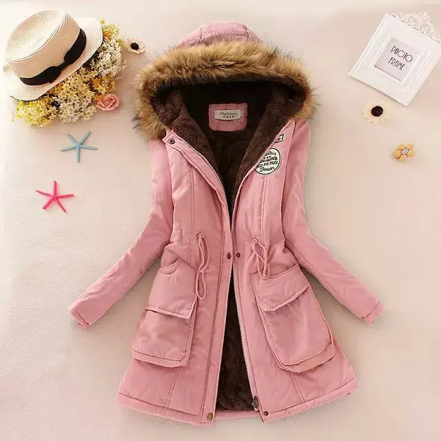 Новинка, Женское пальто Winner, однотонная Базовая куртка, плотное теплое пальто с капюшоном, меховой воротник, приталенная одежда, повседневная женская куртка A1051 - Цвет: Pink
