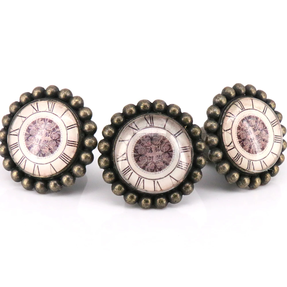 

4PCS Vintage Clock Knob Cabinet Door Drawer Handle Pull Hardware Crystal Glass zinc alloy Kitchen Handle Furniture Decoration