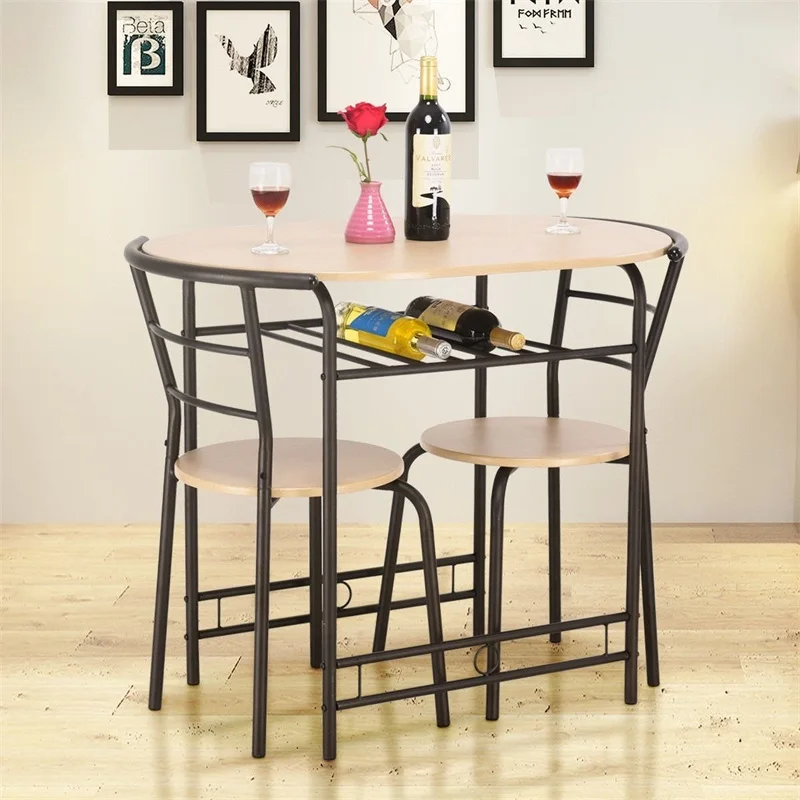 

3 Pcs Dining Set Table and 2 Chairs Pub Dining Furniture High Quality Black Natural Armless Chairs Table Set Wine Rack HW57334
