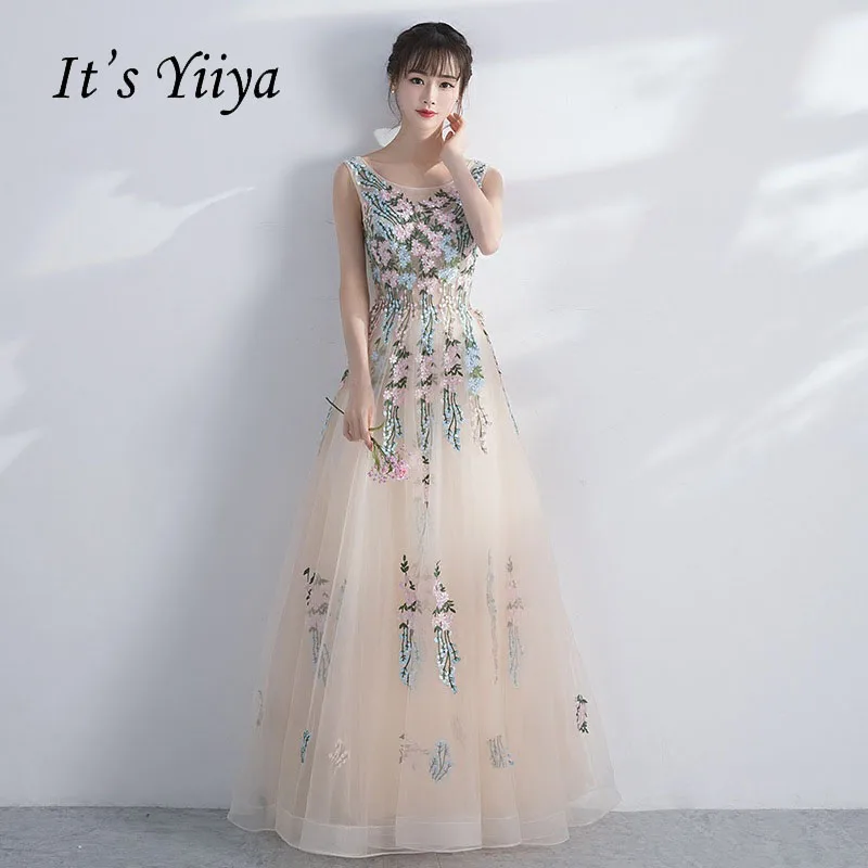 

It's Yiiya Sleeveless Floral Illusion Print Lace Up A-line Elegant Evening Dresses Floor Length Party Gown Evening Gowns LX037
