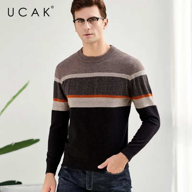 UCAK Brand Merino Wool Sweater Men Fashion Casual Big Striped O-Neck Pull Homme Autumn Winter Thick Cashmere Pullover Men U3042