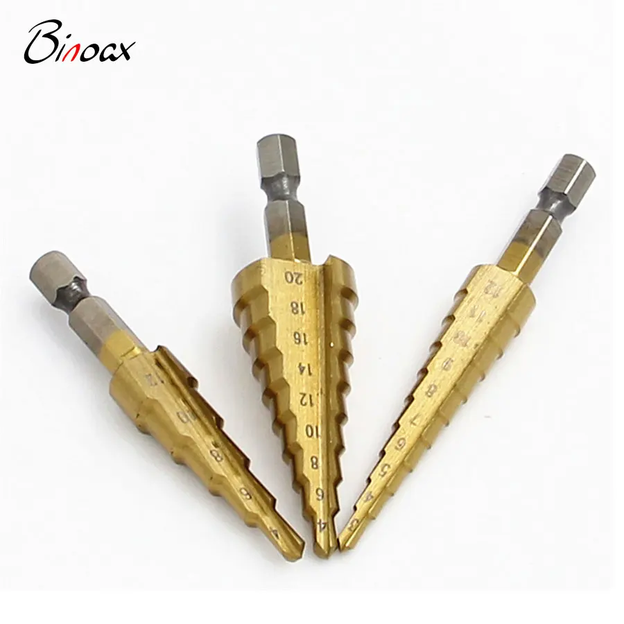 Binoax 3pcs/set HSS Titanium Coated Step Drill Bit for Metal Wood