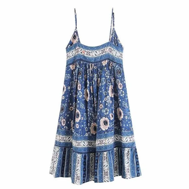 

Bohemia Location Blue Floral print Sling Swing Dress Holiday Beach 2018 Woman Ethnic Backless Loose Knee-Length Summer Dresses