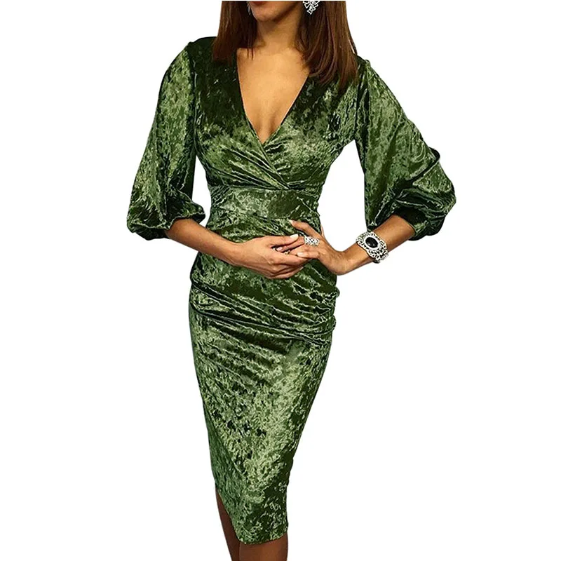 2019 New Spring Velvet Midi Dress Glistening V Neck Three Quarter