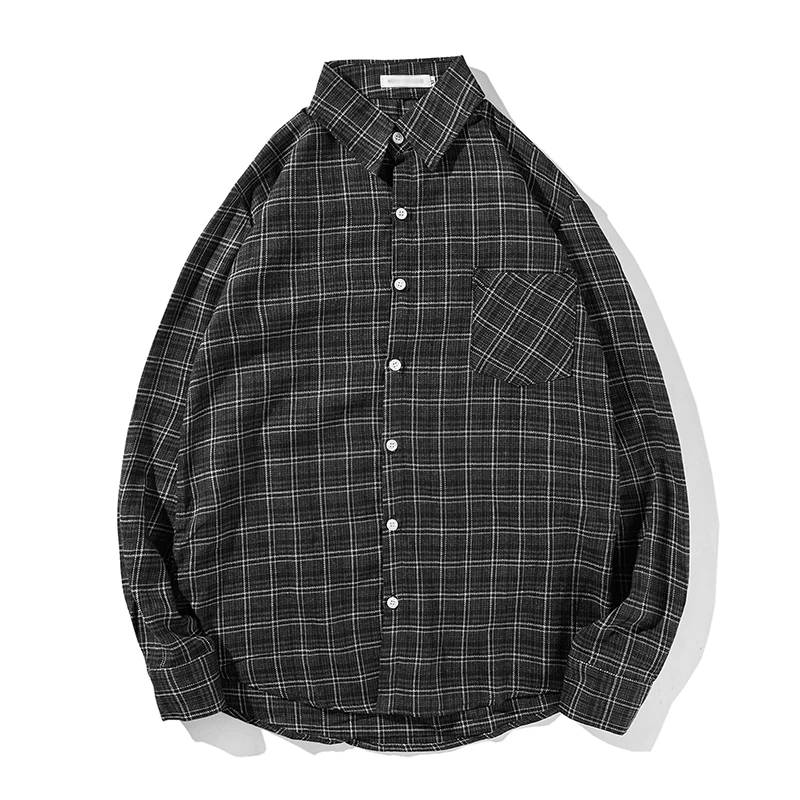 

2018 Spring Autumn Japanese Vintage Style Routine Lattice Square-cut Collar Pocket Long Sleeve Loose Shirt Men Three-colour S-XL