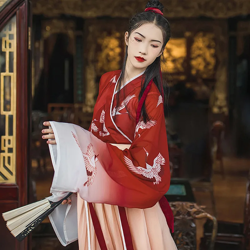 Женский костюм Hanfu, китайский стиль, Студенческая Китайская древняя и традиционная одежда, женское Красное элегантное платье для народных танцев DQL731