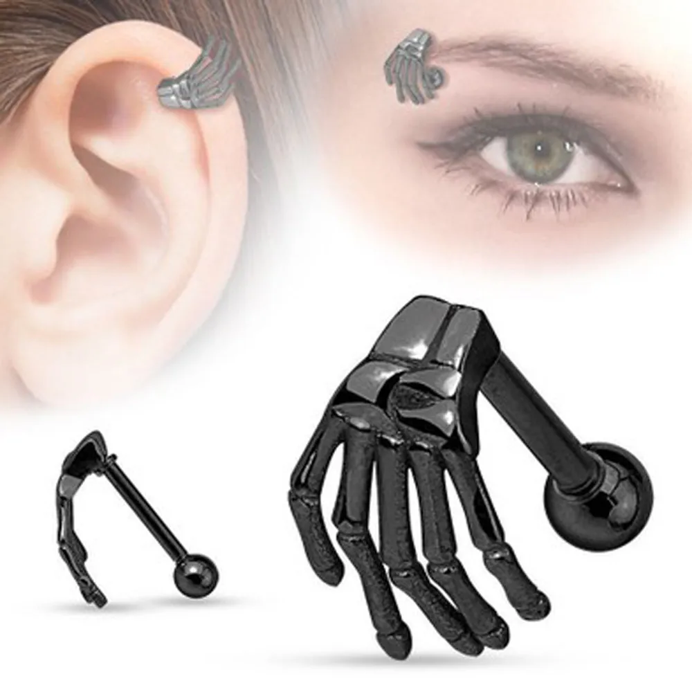 

1pcs Surgical Stainless Steel Stud Earrings Skeleton Ghost Hand Shape Ear Tragus Piercing Fake Taper For Men Women Body Jewelry