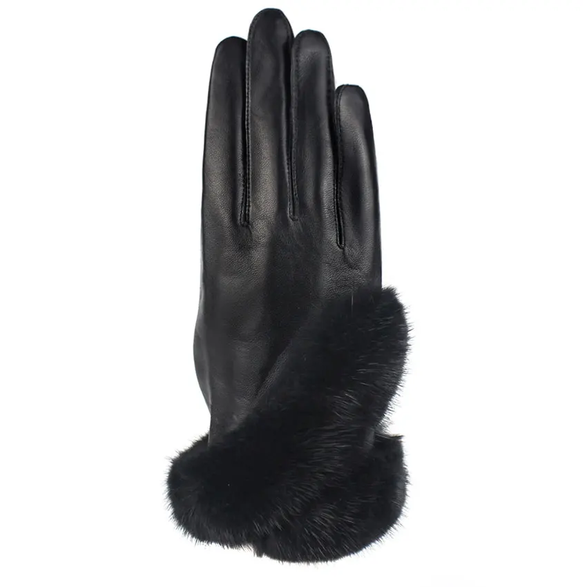 

Mink Fur Women Real Sheepskin Genuine Leather Gloves New Winter Touch Screen Female Cape Cotton Lining Warm Black Wrist Glove