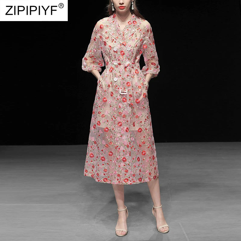 

New 2019 Spring Summer Runway Dresses High Quality Women Embroidery Double Breasted Lantern Sleeve A-Line Vintage Dress H6704