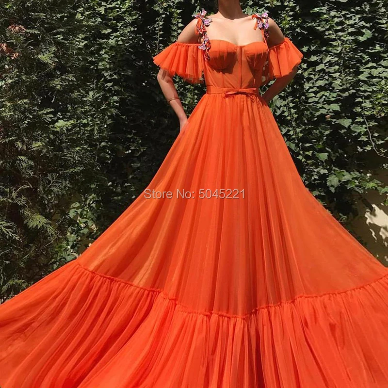 Женское вечернее платье-кафтан длинное оранжевое фатиновое платье-трапеция без