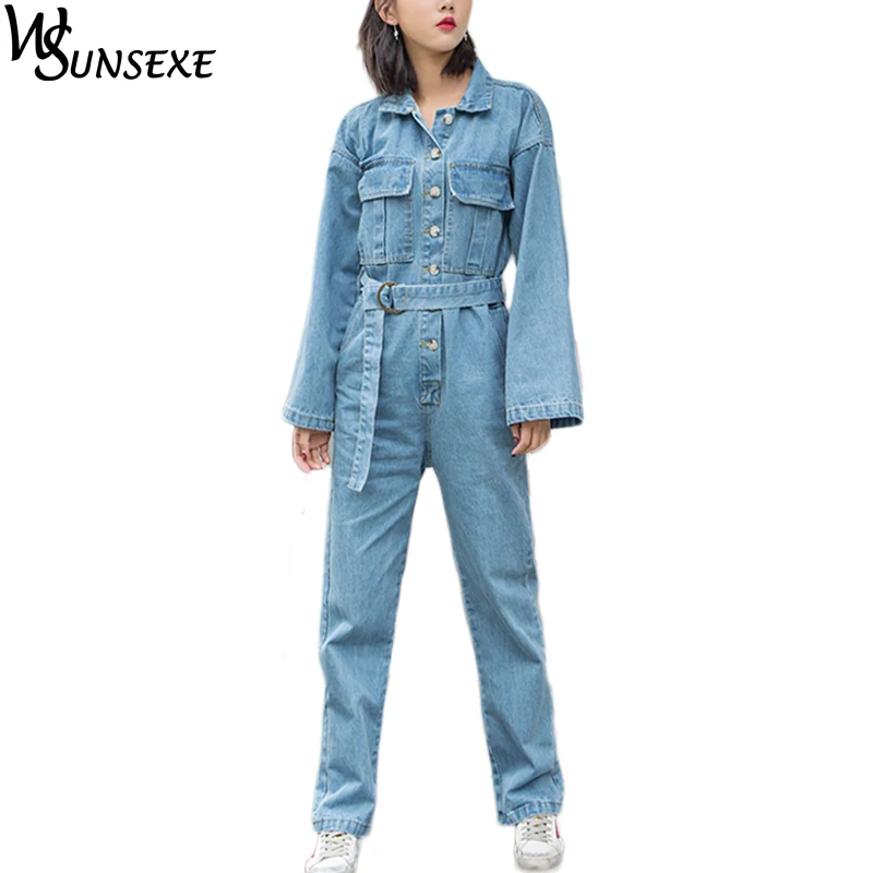 

Fashion Autumn Denim Rompers Women Single Breasted Jumpsuit Cargo Wide Long Sleeve Pockets Overalls New One-piece Suits Romper