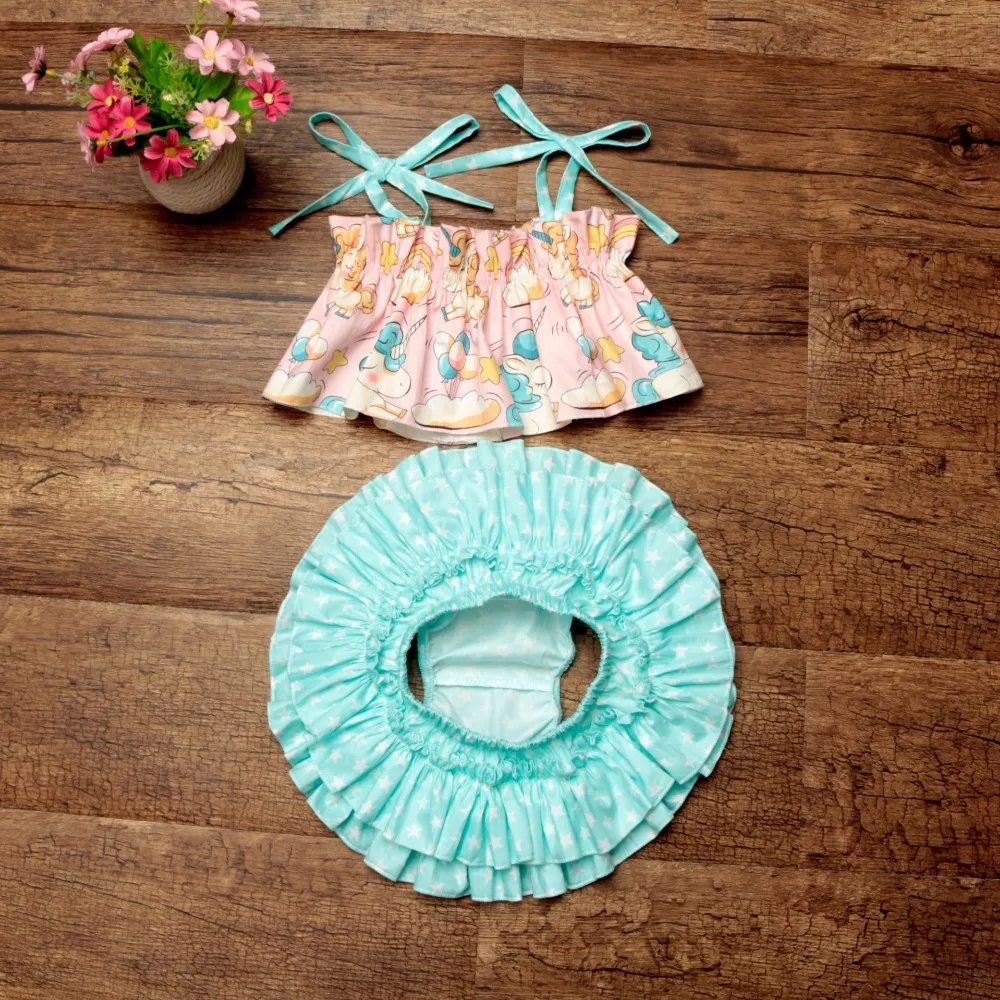 

Stylish Sweet Kids Beach Clothes Cotton Baby Girl Summer Clothes Great Quality Baby Condole Belt Top+Tutu Skirt pants Set