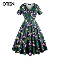 OTEN-women-summer-dress-V-Neck-Cap-Sleeve-Flamingo-Pineapple-Leaf-Print-vestido-vintage-retro-rockabilly