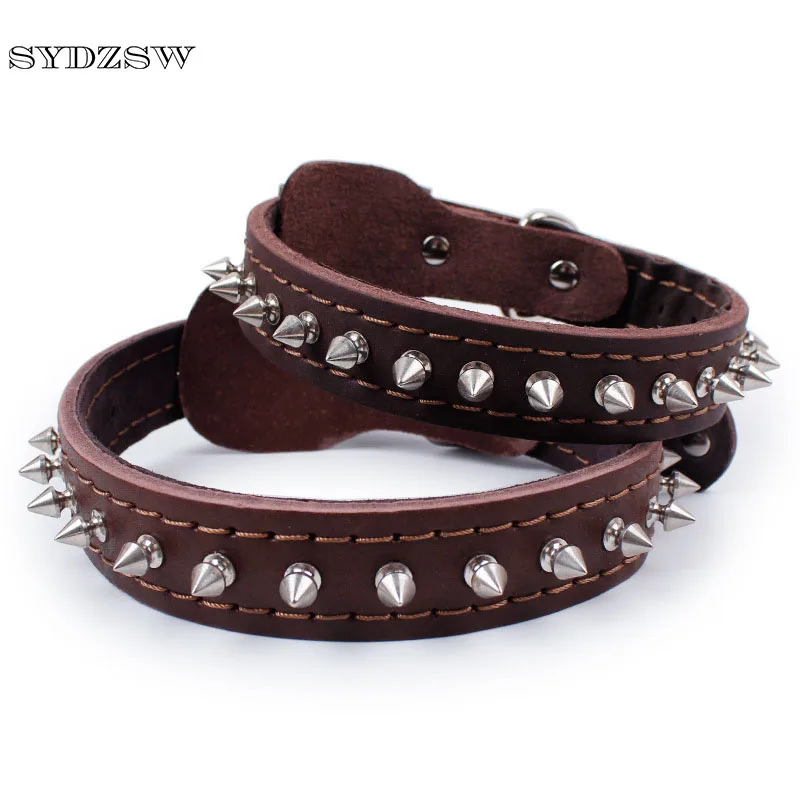 SYDZSW Mode Spiked Halsband Bruin Real Koeienhuid Hoge end Huisdier Kraag voor Bulldog Labrador Gold Retriever Grote Hond accessoires