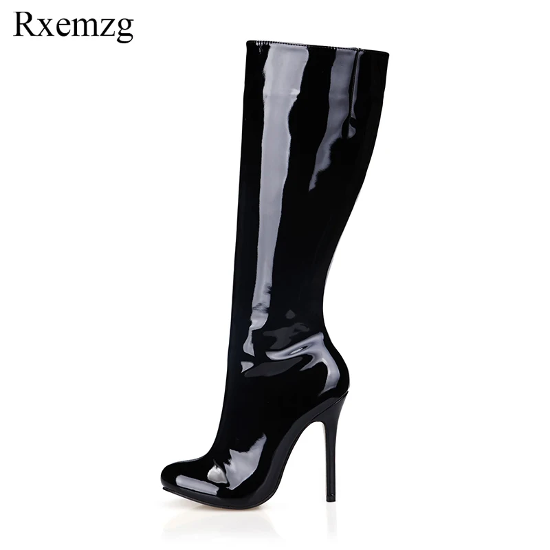 

Rxemzg knee high boots winter white black patent leather stilettos boots sexy shoes woman fashion round toe women's shoes 35-43