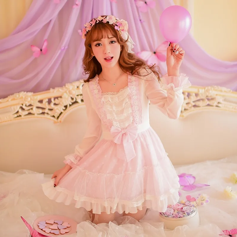 

Princess sweet lolita dress Candy rain new spring Japanese style lace Cute pink patchwork chiffon dress C16AB5637