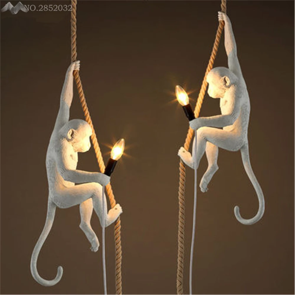 Loft style moderne à la main résine singe edison pendentif lampe chanvre corde pendentif lumière