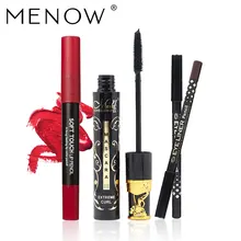 Menow бренд Make Up Set Curl Тушь для ресниц с силиконовым Кисточки и два Подводка для глаз и прочного поцелуй доказательство губная помада Drop корабль 5370