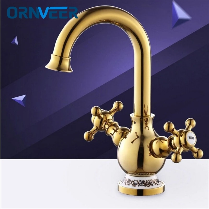 

Royal Gold Plated Rotatable Double Wheel Handle Bathroom Faucet Ceramic Holder Swivel Curved Basin Sink Mixer Tap B059