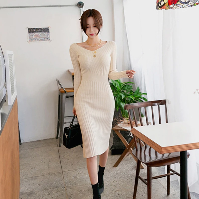 

Fashion Winter Korea Elegant Apricot Knitted Bodycon Party Dress Women Autumn Sexy Long Sleeve Dresses Female Vestidos mujer