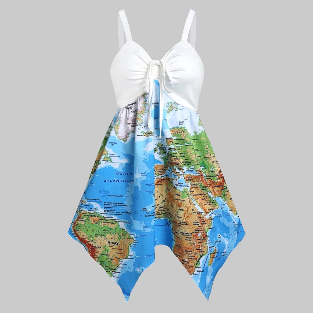 

2019 new denim sundresses for women Women Fashion Bow Tie Sling World Map Print Cinched Flare Handkerchief Dress #4