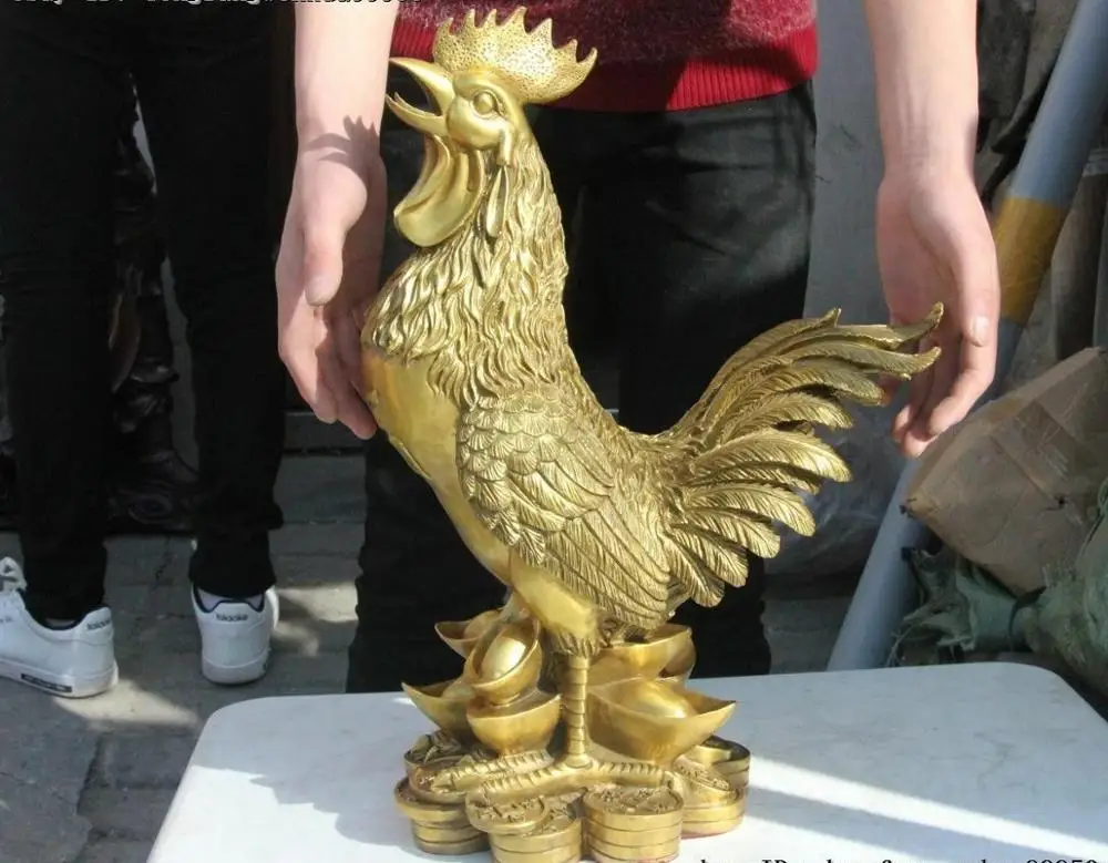 

China Brass Copper Yuanbao Money Lucky Year Zodiac Mascot Chicken Rooster Statue