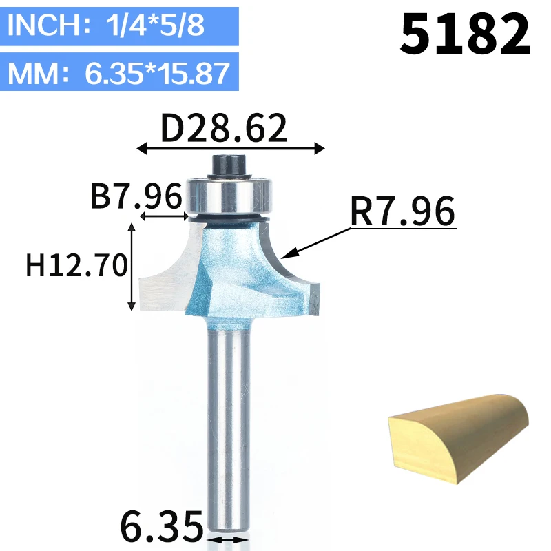 HUHAO 1 шт. круглые фрезы для дерева, деревообрабатывающий инструмент, промышленная Концевая фреза с подшипником, фреза, угловая круглая Концевая фреза - Длина режущей кромки: 5182