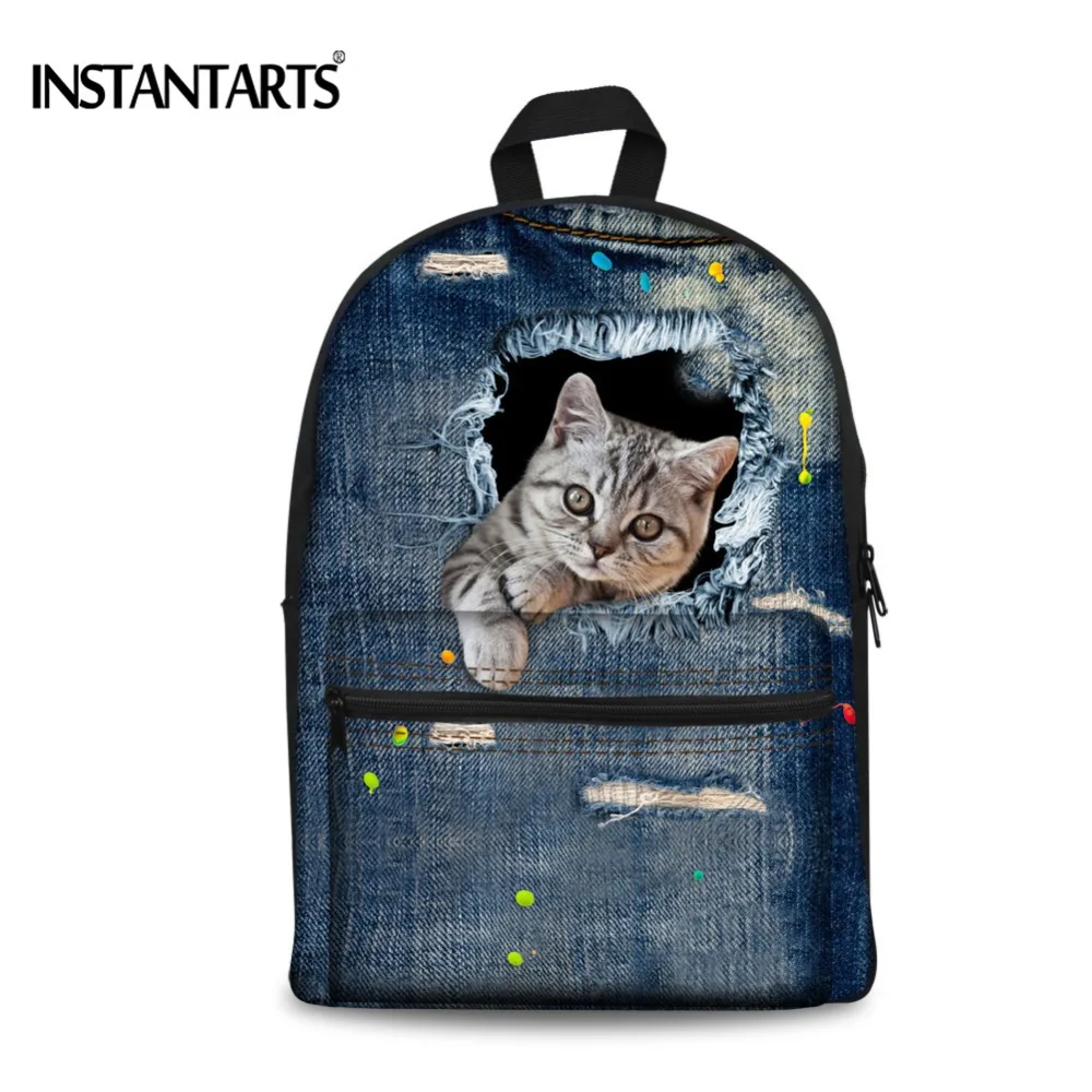 

INSTANTARTS 3D Cute Animal Cat Denim Printing Backpacks Women Canvas Bags For Teenagers Girls Casual Travel Laptop Rucksacks