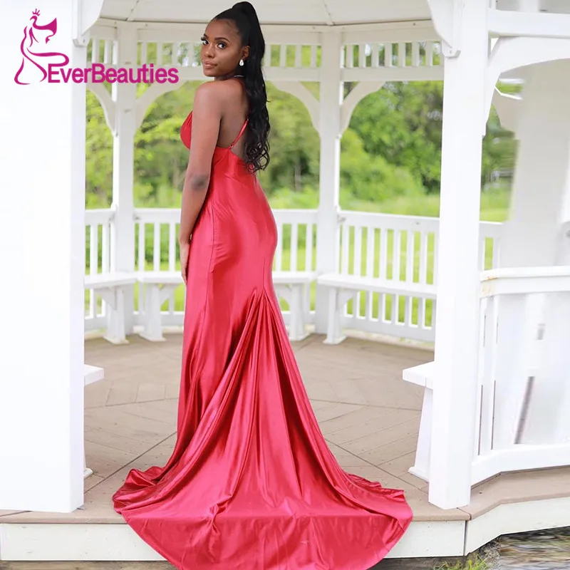 

Robe De Soiree Spaghetti Straps Evening Dresses Long 2019 V-Neck Satin Mermaid Evening Party Dresses Formal Dress