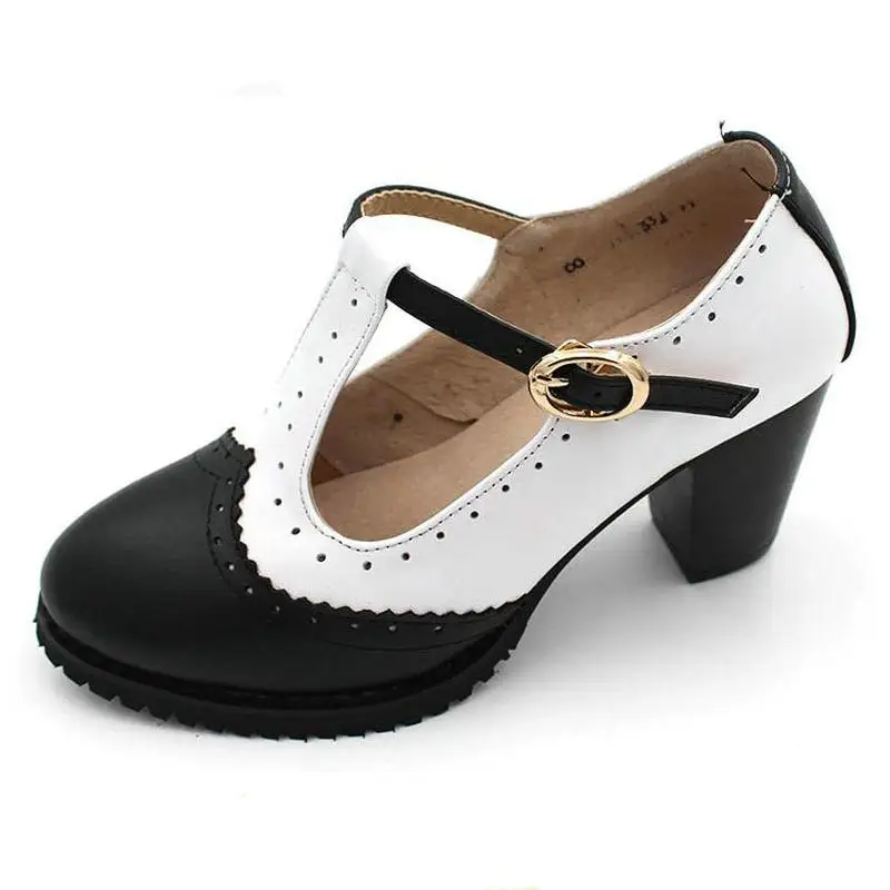 

British College Style Color Matching Rough With Women's Shoes T-shoes Handmade Genuine Leather Navy Blue High Heels Size 34-43